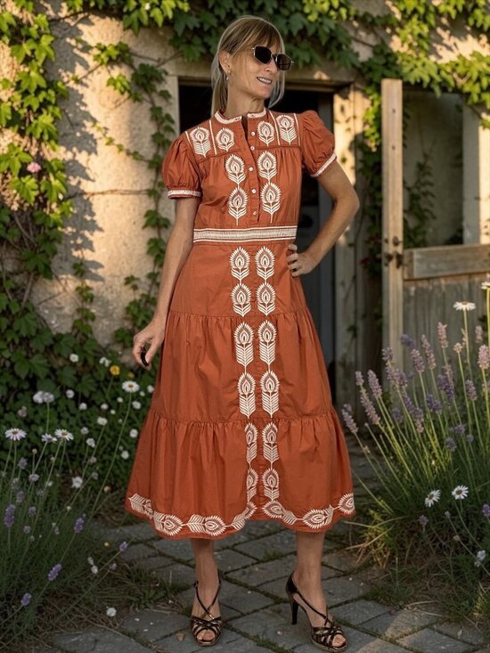 bohme Dresses & Skirts - Bohme Siya Embroidered Dress S Orange Short Sleeve Midi Cottagecore